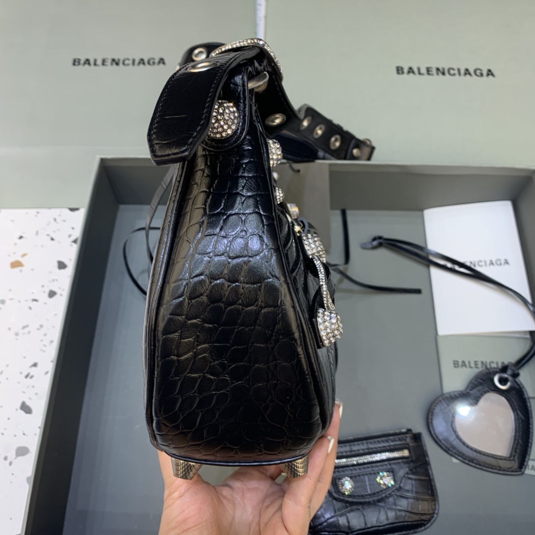 Balenciaga Le Cagole Small Shoulder Bag Crocodile Embossed Rhinestones Black